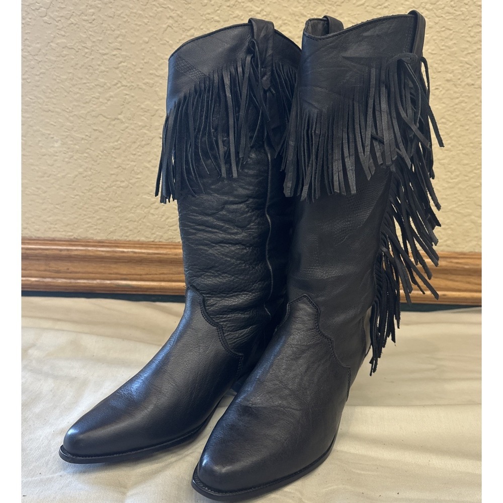 Vintage Dingo Black Leather Fringe Western Boots Cowboy Boho Festival 7